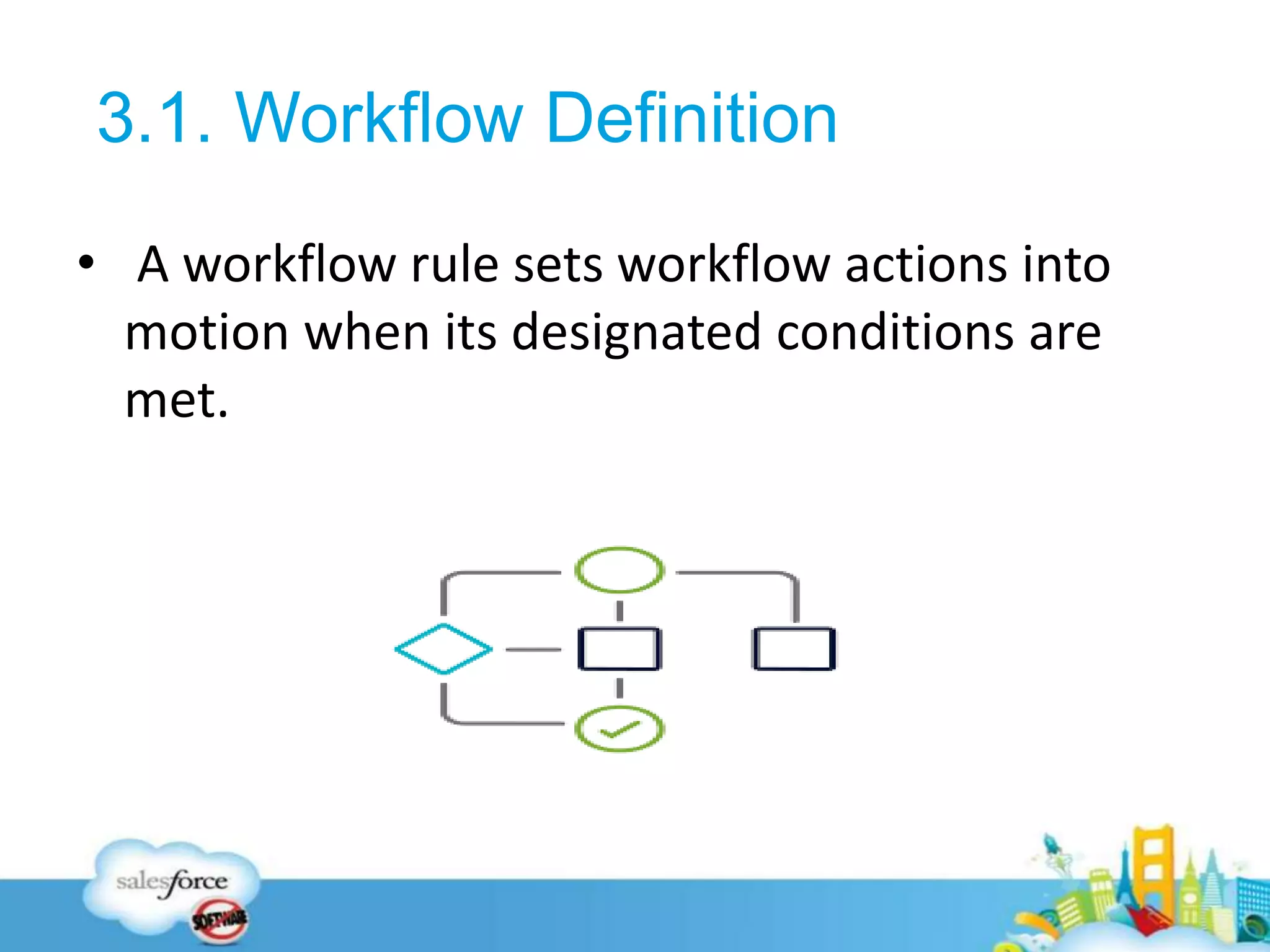 3.1. Workflow Definition
• A workflow rule sets workflow actions into
motion when its designated conditions are
met.
14
 