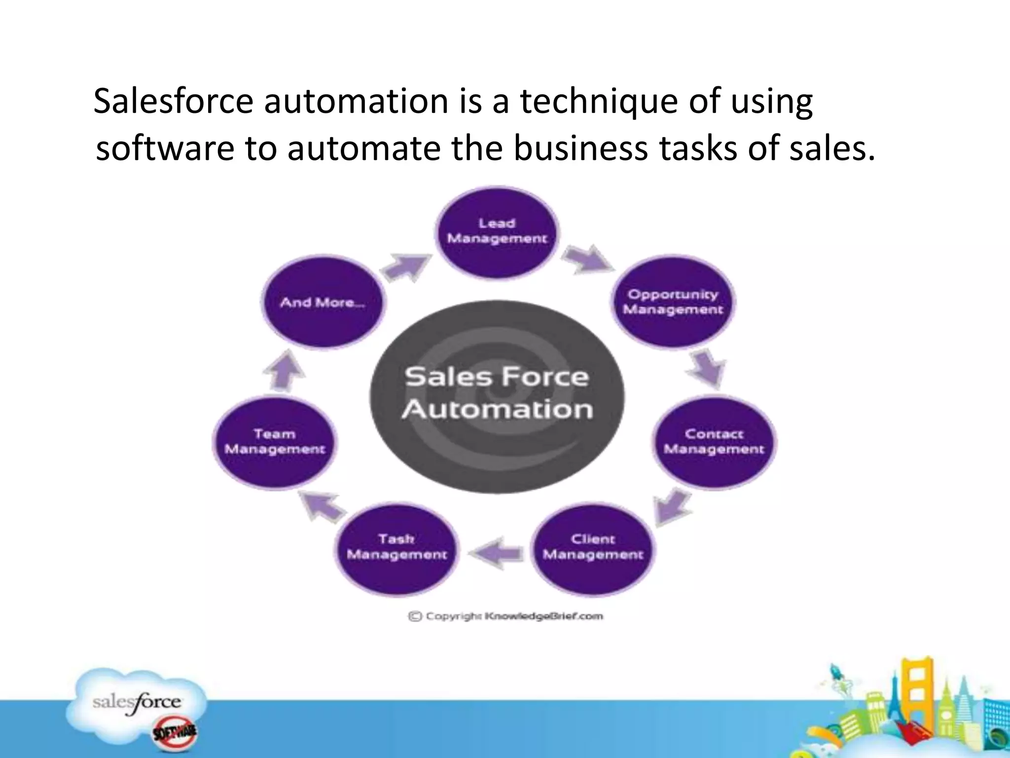 Salesforce automation is a technique of using
software to automate the business tasks of sales.
 