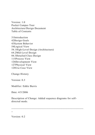 Version: 1.0
Pocket Campus Tour
Architecture/Design Document
Table of Contents
31Introduction
42Design Goals
43System Behavior
54Logical View
54.1High-Level Design (Architecture)
64.2Mid-Level Design
84.3Detailed Class Design
115Process View
126Development View
127Physical View
128Use Case View
Change History
Version: 0.3
Modifier: Eddie Burris
Date: 4/5/2006
Description of Change: Added sequence diagrams for self-
directed mode.
_____________________________________________________
_
Version: 0.2
 
