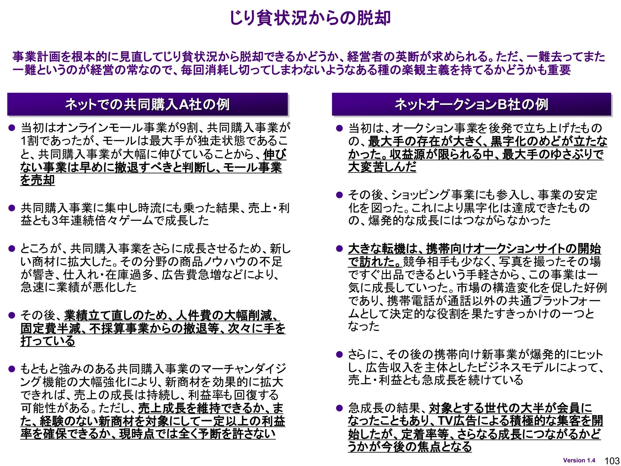 103
Version 1.4
じり貧状況からの脱却
ネットオークションB社の例
ネットでの共同購入A社の例
⚫ 当初は、オークション事業を後発で立ち上げたもの
の、最大手の存在が大きく、黒字化のめどが立たな
かった。収益源が限られる中、最大手のゆさぶりで
大変苦しんだ
⚫ その後、ショッピング事業にも参入し、事業の安定
化を図った。これにより黒字化は達成できたもの
の、爆発的な成長にはつながらなかった
⚫ 大きな転機は、携帯向けオークションサイトの開始
で訪れた。競争相手も少なく、写真を撮ったその場
ですぐ出品できるという手軽さから、この事業は一
気に成長していった。市場の構造変化を促した好例
であり、携帯電話が通話以外の共通プラットフォー
ムとして決定的な役割を果たすきっかけの一つと
なった
⚫ さらに、その後の携帯向け新事業が爆発的にヒット
し、広告収入を主体としたビジネスモデルによって、
売上・利益とも急成長を続けている
⚫ 急成長の結果、対象とする世代の大半が会員に
なったこともあり、TV広告による積極的な集客を開
始したが、定着率等、さらなる成長につながるかど
うかが今後の焦点となる
⚫ 当初はオンラインモール事業が9割、共同購入事業が
1割であったが、モールは最大手が独走状態であるこ
と、共同購入事業が大幅に伸びていることから、伸び
ない事業は早めに撤退すべきと判断し、モール事業
を売却
⚫ 共同購入事業に集中し時流にも乗った結果、売上・利
益とも3年連続倍々ゲームで成長した
⚫ ところが、共同購入事業をさらに成長させるため、新し
い商材に拡大した。その分野の商品ノウハウの不足
が響き、仕入れ・在庫過多、広告費急増などにより、
急速に業績が悪化した
⚫ その後、業績立て直しのため、人件費の大幅削減、
固定費半減、不採算事業からの撤退等、次々に手を
打っている
⚫ もともと強みのある共同購入事業のマーチャンダイジ
ング機能の大幅強化により、新商材を効果的に拡大
できれば、売上の成長は持続し、利益率も回復する
可能性がある。ただし、売上成長を維持できるか、ま
た、経験のない新商材を対象にして一定以上の利益
率を確保できるか、現時点では全く予断を許さない
事業計画を根本的に見直してじり貧状況から脱却できるかどうか、経営者の英断が求められる。ただ、一難去ってまた
一難というのが経営の常なので、毎回消耗し切ってしまわないようなある種の楽観主義を持てるかどうかも重要
 