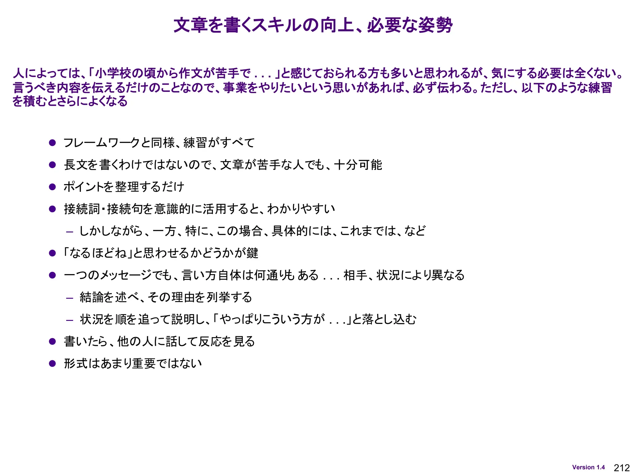 212
Version 1.4
⚫ フレームワークと同様、練習がすべて
⚫ 長文を書くわけではないので、文章が苦手な人でも、十分可能
⚫ ポイントを整理するだけ
⚫ 接続詞・接続句を意識的に活用すると、わかりやすい
– しかしながら、一方、特に、この場合、具体的には、これまでは、など
⚫ 「なるほどね」と思わせるかどうかが鍵
⚫ 一つのメッセージでも、言い方自体は何通り
も ある . . . 相手、状況により異なる
– 結論を述べ、その理由を列挙する
– 状況を順を追って説明し、「やっぱりこういう方が . . .」と落とし込む
⚫ 書いたら、他の人に話して反応を見る
⚫ 形式はあまり重要ではない
文章を書くスキルの向上、必要な姿勢
人によっては、「小学校の頃から作文が苦手で . . . 」と感じておられる方も多いと思われるが、気にする必要は全くない。
言うべき内容を伝えるだけのことなので、事業をやりたいという思いがあれば、必ず伝わる。ただし、以下のような練習
を積むとさらによくなる
 