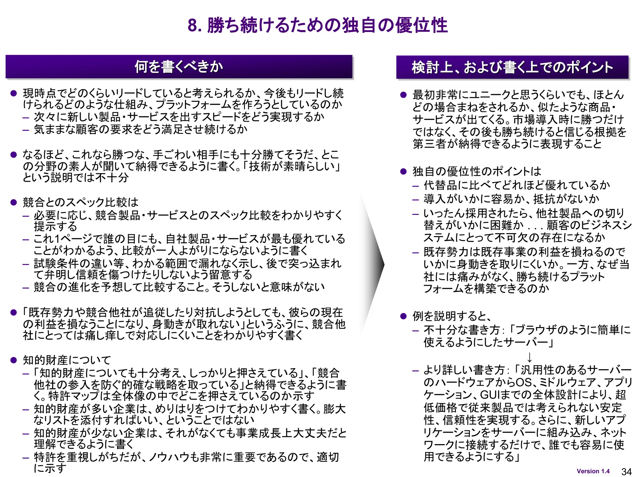 34
Version 1.4
8. 勝ち続けるための独自の優位性
⚫ 最初非常にユニークと思うくらいでも、ほとん
どの場合まねをされるか、似たような商品・
サービスが出てくる。市場導入時に勝つだけ
ではなく、その後も勝ち続けると信じる根拠を
第三者が納得できるように表現すること
⚫ 独自の優位性のポイントは
– 代替品に比べてどれほど優れているか
– 導入がいかに容易か、抵抗がないか
– いったん採用されたら、他社製品への切り
替えがいかに困難か . . . 顧客のビジネスシ
ステムにとって不可欠の存在になるか
– 既存勢力は既存事業の利益を損ねるので
いかに身動きを取りにくいか。一方、なぜ当
社には痛みがなく、勝ち続けるプラット
フォームを構築できるのか
⚫ 例を説明すると、
– 不十分な書き方： 「ブラウザのように簡単に
使えるようにしたサーバー」
↓
– より詳しい書き方： 「汎用性のあるサーバー
のハードウェアからOS、ミドルウェア、アプリ
ケーション、GUIまでの全体設計により、超
低価格で従来製品では考えられない安定
性、信頼性を実現する。さらに、新しいアプ
リケーションをサーバーに組み込み、ネット
ワークに接続するだけで、誰でも容易に使
用できるようにする」
何を書くべきか
⚫ 現時点でどのくらいリードしていると考えられるか、今後もリードし続
けられるどのような仕組み、プラットフォームを作ろうとしているのか
– 次々に新しい製品・サービスを出すスピードをどう実現するか
– 気ままな顧客の要求をどう満足させ続けるか
⚫ なるほど、これなら勝つな、手ごわい相手にも十分勝てそうだ、とこ
の分野の素人が聞いて納得できるように書く。「技術が素晴らしい」
という説明では不十分
⚫ 競合とのスペック比較は
– 必要に応じ、競合製品・サービスとのスペック比較をわかりやすく
提示する
– これ1ページで誰の目にも、自社製品・サービスが最も優れている
ことがわかるよう、比較が一人よがりにならないように書く
– 試験条件の違い等、わかる範囲で漏れなく示し、後で突っ込まれ
て弁明し信頼を傷つけたりしないよう留意する
– 競合の進化を予想して比較すること。そうしないと意味がない
⚫ 「既存勢力や競合他社が追従したり対抗しようとしても、彼らの現在
の利益を損なうことになり、身動きが取れない」というふうに、競合他
社にとっては痛し痒しで対応しにくいことをわかりやすく書く
⚫ 知的財産について
– 「知的財産についても十分考え、しっかりと押さえている」、「競合
他社の参入を防ぐ的確な戦略を取っている」と納得できるように書
く。特許マップは全体像の中でどこを押さえているのか示す
– 知的財産が多い企業は、めりはりをつけてわかりやすく書く。膨大
なリストを添付すればいい、ということではない
– 知的財産が少ない企業は、それがなくても事業成長上大丈夫だと
理解できるように書く
– 特許を重視しがちだが、ノウハウも非常に重要であるので、適切
に示す
検討上、および書く上でのポイント
 