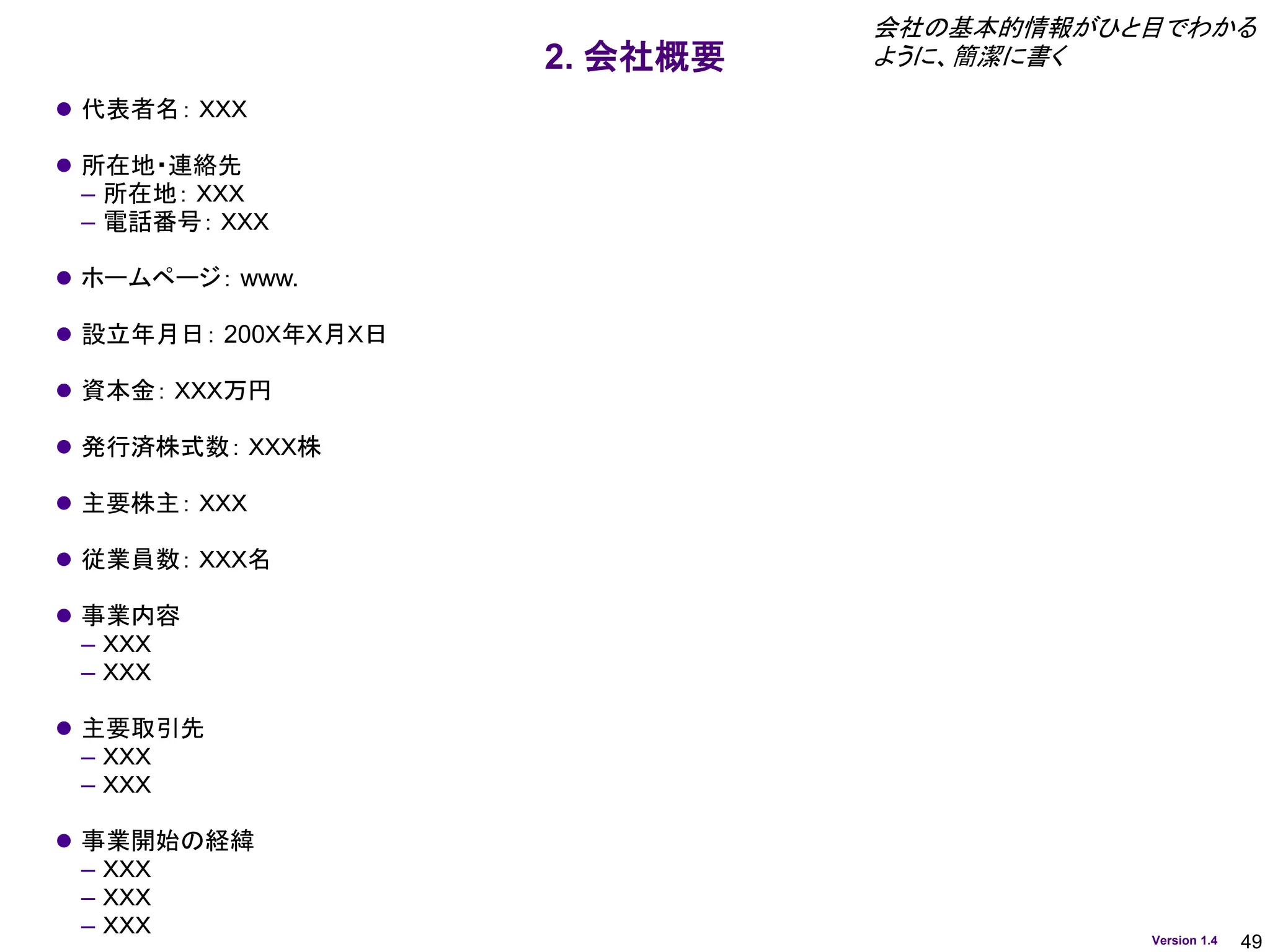 49
Version 1.4
2. 会社概要
⚫ 代表者名： ＸＸＸ
⚫ 所在地・連絡先
– 所在地： ＸＸＸ
– 電話番号： ＸＸＸ
⚫ ホームページ： www.
⚫ 設立年月日： 200Ｘ年X月Ｘ日
⚫ 資本金： ＸＸＸ万円
⚫ 発行済株式数： ＸＸＸ株
⚫ 主要株主： ＸＸＸ
⚫ 従業員数： ＸＸＸ名
⚫ 事業内容
– ＸＸＸ
– ＸＸＸ
⚫ 主要取引先
– ＸＸＸ
– ＸＸＸ
⚫ 事業開始の経緯
– ＸＸＸ
– ＸＸＸ
– ＸＸＸ
会社の基本的情報がひと目でわかる
ように、簡潔に書く
 