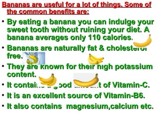 Bananas are useful for a lot of things. Some ofBananas are useful for a lot of things. Some of
the common benefits are:the common benefits are:

By eating a banana you can indulge yourBy eating a banana you can indulge your
sweet tooth without ruining your diet. Asweet tooth without ruining your diet. A
banana averages only 110 calories.banana averages only 110 calories.

Bananas are naturally fat & cholesterolBananas are naturally fat & cholesterol
free.free.

They are known for their high potassiumThey are known for their high potassium
content.content.

It contains a good amount of Vitamin-C.It contains a good amount of Vitamin-C.

It is an excellent source of Vitamin-B6.It is an excellent source of Vitamin-B6.

It also contains magnesium,calcium etc.It also contains magnesium,calcium etc.
 
