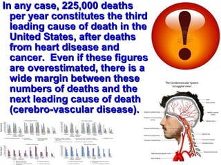 In any case, 225,000 deathsIn any case, 225,000 deaths
per year constitutes the thirdper year constitutes the third
leading cause of death in theleading cause of death in the
United States, after deathsUnited States, after deaths
from heart disease andfrom heart disease and
cancer. Even if these figurescancer. Even if these figures
are overestimated, there is aare overestimated, there is a
wide margin between thesewide margin between these
numbers of deaths and thenumbers of deaths and the
next leading cause of deathnext leading cause of death
(cerebro-vascular disease).(cerebro-vascular disease).
 
