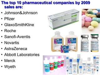 The top 10 pharmaceutical companies by 2009The top 10 pharmaceutical companies by 2009
sales are:sales are:
 Johnson&Johnson
 Pfizer
 GlaxoSmithKline
 Roche
 Sanofi-Aventis
 Novartis
 AstraZeneca
 Abbott Laboratories
 Merck
 Wyeth
 