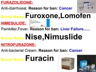 FURAZOLIDONE:
Anti-diarrhoeal. Reason for ban: Cancer
Brand Name:Furoxone,Lomofen
NIMESULIDE:
Painkiller,Fever. Reason for ban: Liver Failure......
Brand Name:Nise,Nimuslide
NITROFURAZONE:
Anti-bacterial Cream. Reason for ban: Cancer
Brand Name:Furacin
 