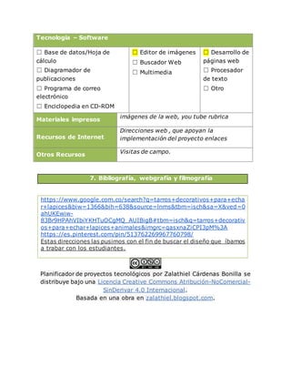 Tecnología – Software
☐ Base de datos/Hoja de
cálculo
☐ Diagramador de
publicaciones
☐ Programa de correo
electrónico
☐ Enciclopedia en CD-ROM
☐ Editor de imágenes
☐ Buscador Web
☐ Multimedia
☐ Desarrollo de
páginas web
☐ Procesador
de texto
☐ Otro
Materiales impresos
imágenes de la web, you tube rubrica
Recursos de Internet
Direcciones web , que apoyan la
implementación del proyecto enlaces
Otros Recursos
Visitas de campo.
7. Bibliografía, webgrafía y filmografía
https://www.google.com.co/search?q=tarros+decorativos+para+echa
r+lapices&biw=1366&bih=638&source=lnms&tbm=isch&sa=X&ved=0
ahUKEwiw-
83Br9HPAhVIbiYKHTuOCgMQ_AUIBigB#tbm=isch&q=tarros+decorativ
os+para+echar+lapices+animales&imgrc=qasxnaZiCPI3pM%3A
https://es.pinterest.com/pin/513762269967760798/
Estas direcciones las pusimos con el fin de buscar el diseño que íbamos
a trabar con los estudiantes.
Planificador de proyectos tecnológicos por Zalathiel Cárdenas Bonilla se
distribuye bajo una Licencia Creative Commons Atribución-NoComercial-
SinDerivar 4.0 Internacional.
Basada en una obra en zalathiel.blogspot.com.
 