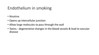 Endothelium in smoking
• Nicotine
• Opens up intercellular junction
• Allow large molecules to pass through the wall
• Toxins - degenerative changes in the blood vessels & lead to vascular
disease
 