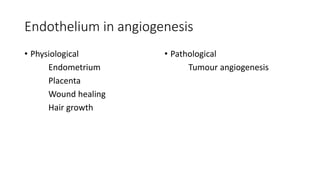 Endothelium in angiogenesis
• Physiological
Endometrium
Placenta
Wound healing
Hair growth
• Pathological
Tumour angiogenesis
 