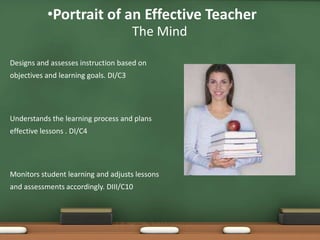 •Portrait of an Effective Teacher
                                       The Mind

Designs and assesses instruction based on
objectives and learning goals. DI/C3




Understands the learning process and plans
effective lessons . DI/C4




Monitors student learning and adjusts lessons
and assessments accordingly. DIII/C10
 