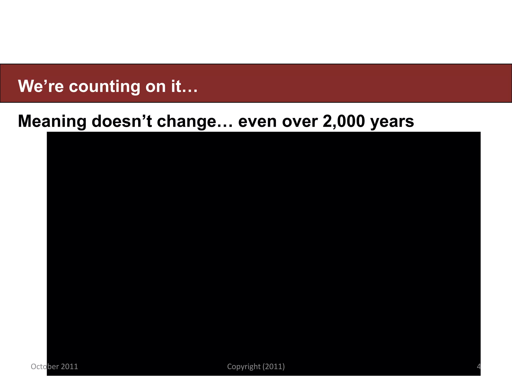We’re counting on it…

Meaning doesn’t change… even over 2,000 years




 October 2011           Copyright (2011)        4
 