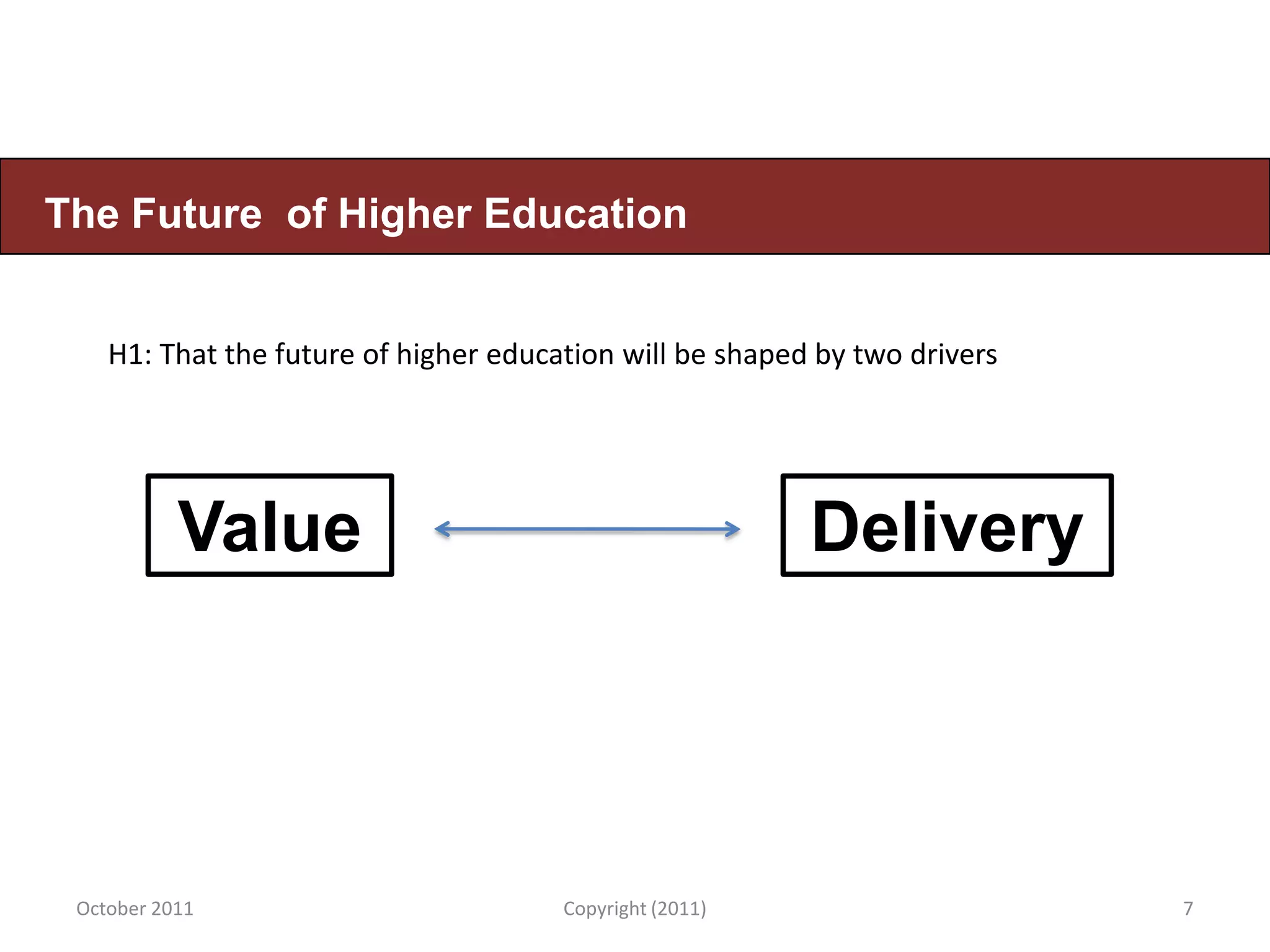The Future of Higher Education


    H1: That the future of higher education will be shaped by two drivers




           Value                                          Delivery




 October 2011                          Copyright (2011)                     7
 