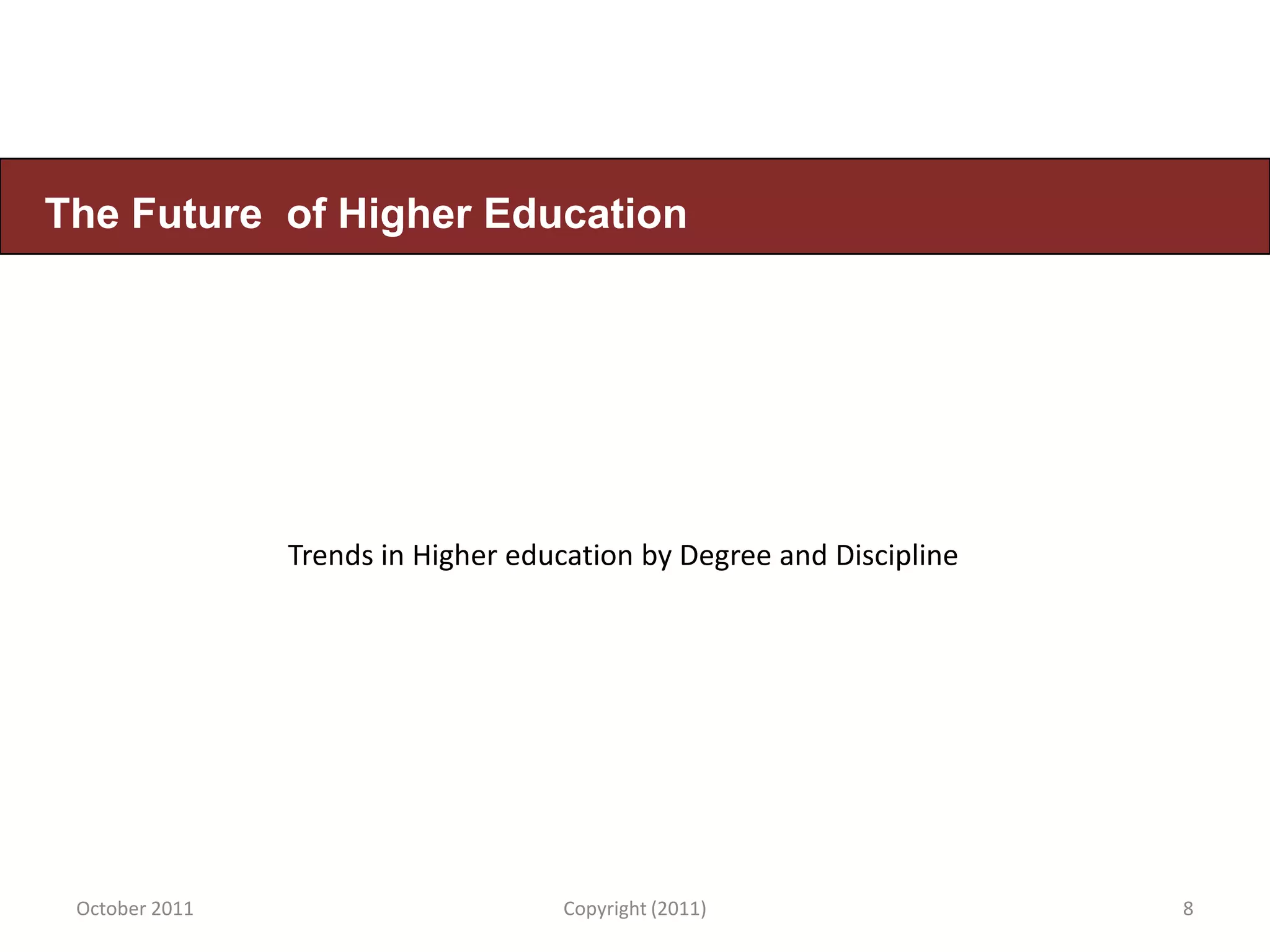 The Future of Higher Education




                Trends in Higher education by Degree and Discipline




 October 2011                       Copyright (2011)                  8
 