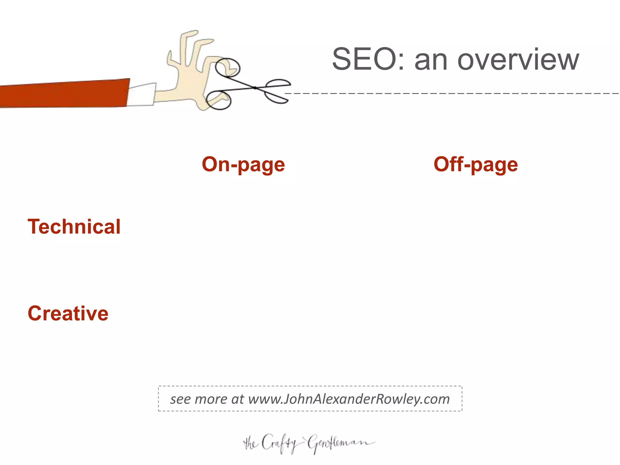 On-page Off-page
Technical
Is your website functional?
speed, navigation, mobile
Are other websites linking to you?
high-quality sites, earned links
Creative
Is your content amazing?
unique, user-focused, quality
Are you promoting your content?
social media, outreach
see more at www.JohnAlexanderRowley.com
SEO: an overview
 