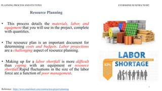 PLANNING PROCESS AND ITS TYPES EVERSHINE/SUSITRA/T8/M2
Resource Planning
• This process details the materials, labor, and
equipment that you will use in the project, complete
with quantities.
• The resource plan is an important document for
determining costs and budgets. Labor projections
are a challenging aspect of resource planning.
• Making up for a labor shortfall is more difficult
than coping with an equipment or resource
shortfall.Rapid fluctuations in the size of the labor
force are a function of poor management.
Reference : https://www.smartsheet.com/construction-project-planning
9
 