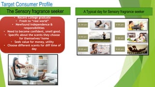 Target Consumer Profile
The Sensory fragrance seeker
• Recent College graduate
• Fresh to “real world”
• Newfound independence &
responsibilities
• Need to become confident, smell good.
• Specific about the scents they choose
for themselves/ home
• Seek value for money, utility
• Choose different scents for diff time of
day
A Typical day for Sensory fragrance seeker
 