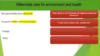 The spray bottles have chemicals “Hair Spray or air freshener all might be same,has
chemicals”
Not good for heath & environment/planet
Millennials care for environment and health
“I look more natural oils, candles etc”
Vintage
Tacky
 