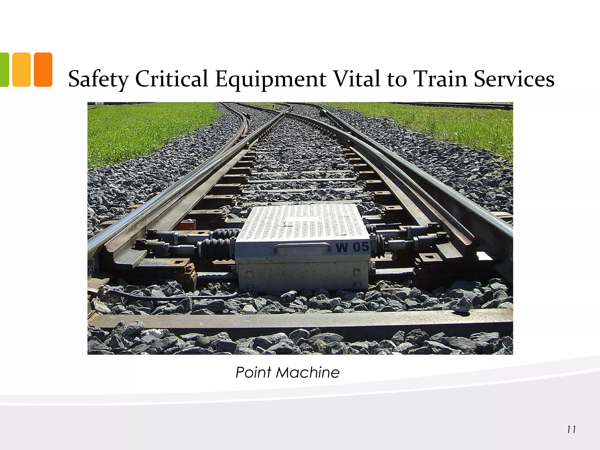 Safety Critical Equipment Vital to Train Services
11
Point Machine
 