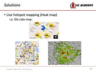 Solutions
• Live hotspot mapping (Heat map)
i.e. Ola cabs map.
12Transforming Business - Enriching Lives
 