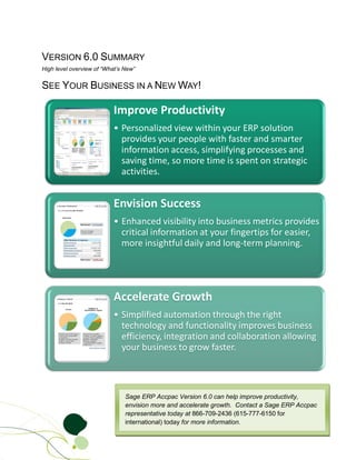 VERSION 6.0 SUMMARY
High level overview of “What’s New”


SEE YOUR BUSINESS IN A NEW WAY!

                          Improve Productivity
                          • Personalized view within your ERP solution
                            provides your people with faster and smarter
                            information access, simplifying processes and
                            saving time, so more time is spent on strategic
                            activities.


                          Envision Success
                          • Enhanced visibility into business metrics provides
                            critical information at your fingertips for easier,
                            more insightful daily and long-term planning.




                          Accelerate Growth
                          • Simplified automation through the right
                            technology and functionality improves business
                            efficiency, integration and collaboration allowing
                            your business to grow faster.



                               Sage ERP Accpac Version 6.0 can help improve productivity,
                               envision more and accelerate growth. Contact a Sage ERP Accpac
                               representative today at 866-709-2436 (615-777-6150 for
                               international) today for more information.
 