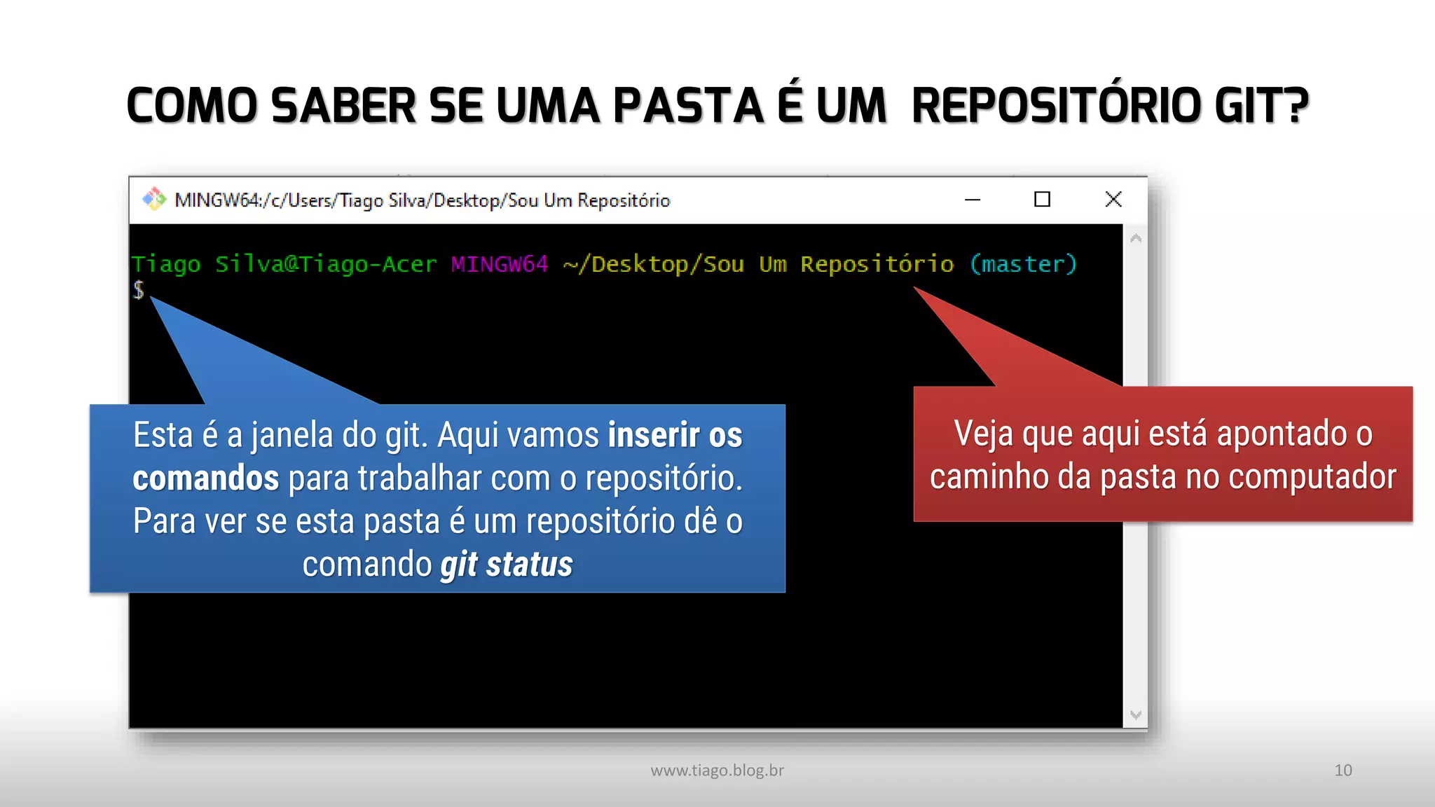 COMO SABER SE UMA PASTA É UM REPOSITÓRIO GIT?
www.tiago.blog.br 10
Esta é a janela do git. Aqui vamos inserir os
comandos para trabalhar com o repositório.
Para ver se esta pasta é um repositório dê o
comando git status
Veja que aqui está apontado o
caminho da pasta no computador
 