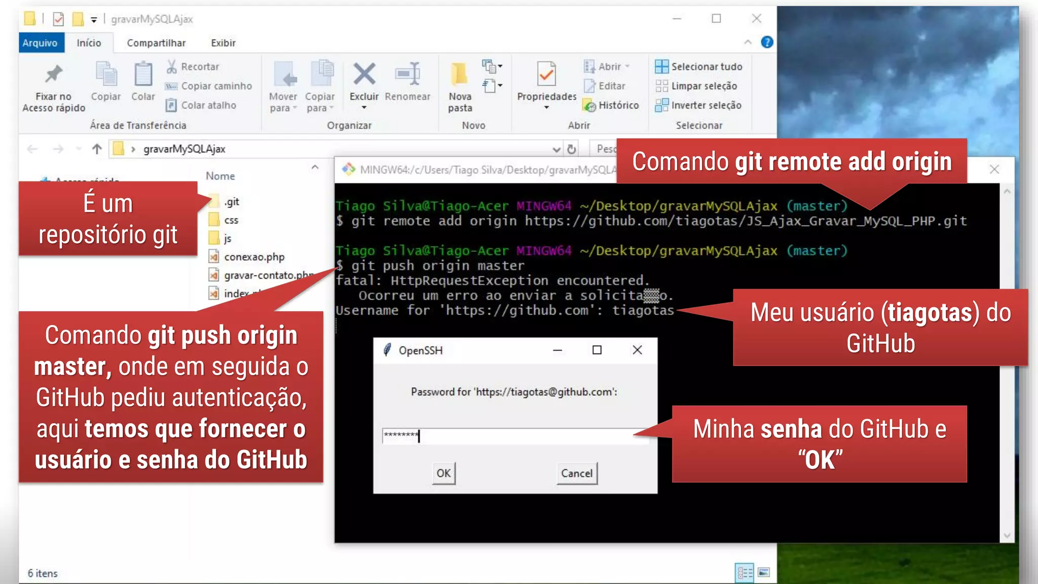 www.tiago.blog.br 25
É um
repositório git
Comando git remote add origin
Meu usuário (tiagotas) do
GitHubComando git push origin
master, onde em seguida o
GitHub pediu autenticação,
aqui temos que fornecer o
usuário e senha do GitHub
Minha senha do GitHub e
“OK”
 