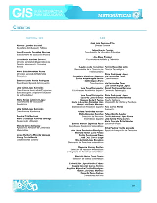 CRÉDITOS
CNPEGSV, SEB
Alonso Lujambio Irazábal
Secretario de Educación Pública
José Fernando González Sánchez
Subsecretario de Educación Pública
Juan Martín Martínez Becerra
Director General de Desarrollo de la
Gestión e Innovación Educativa
Básica
María Edith Bernáldez Reyes
Directora General de Materiales
Educativos
Ernesto Adolfo Ponce Rodríguez
Coordinador General de Innovación
Lilia Dalila López Salmorán
Coordinadora Nacional de Programas
Educativos para Grupos en Situación
de Vulnerabilidad
María Teresa Calderón López
Coordinadora de Vinculación
Académica
Lilia Dalila López Salmorán
Coordinadora Académica
Sandra Ortiz Martínez
María Guadalupe Ramírez Santiago
Seguimiento y Revisión
Moisés García González
Apoyo en la Revisión de Contenidos
Matemáticas
Jorge Humberto Miranda Vázquez
Nancy García García
Colaboradores Editorial

ILCE
José Luis Espinosa Piña
Director General
Felipe Bracho Carpizo
Coordinación de Informática Educativa
Ana Clara Trinidad
Coordinadora de Radio y Televisión
Aquiles Ávila Hernández Fermín Revueltas Valle
Responsable de la Dirección de Director Tecnológico
Telesecundaria
Silvia Rodríguez López
Rosa María Mackinney Bautista Iris Hernández Pérez
Eunice Mayela Ayala Seuthe Coordinadoras
Edith Segura Parra
Coordinadoras Iris Hernández Pérez
Luis Daniel Mújica López
Ana Rosa Díaz Aguilar Daniel Rodríguez Barranco
Coordinadora Académica Español Desarrollo Tecnológico
Ana Rosa Díaz Aguilar
Eduardo Canto Salinas
Socorro De la O Pecina
María de Lourdes González Islas
Héctor Luis Grada Martínez
Elaboración de Reactivos Español

Silvia Rodríguez López
Roberto Nuñez Hernández
Diseño Gráfico e
Integración de interfaz y Reactivos
Raúl García Flores
Ilustración

Julieta Fernández Morales
Ofelia González Sánchez Felipe Bonilla Aguilar
Selección de Recursos Cecilia Adriana López Rivera
Informáticos Español Lilia Karina Wong Cortés
Marìa Gabriela Ávila Sánchez
Ernesto Manuel Espinosa Asuar Edición de Video
Coordinador Académico Matemáticas
Erika Paulina Tovilla Quesada
Ana Laura Barriendos Rodríguez Apoyo de integración de Descartes
Mauricio Héctor Cano Pineda
Emilio Domínguez Bravo
José Cruz García Zagal
Olga Leticia López Escudero
Elaboración de Reactivos Matemáticas
Deyanira Monroy Zariñan
Selección de Recursos Informáticos
e Integración de Reactivos Matemáticas
Mauricio Héctor Cano Pineda
Selección de Videos Matemáticas
Esther Edith López-Portillo Chávez
Susana Dessireé García Herrera
Angélica Alejandra Portillo Rodríguez
Héctor Luis Grada Martínez
Eduardo Canto Salinas
Correctores de Estilo

115

 
