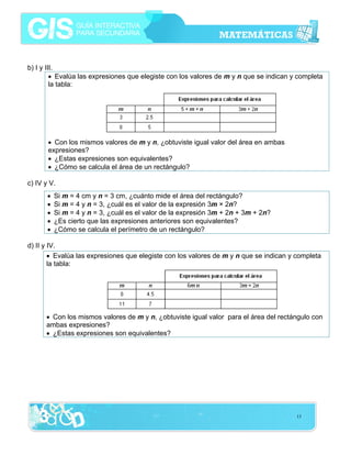 b) I y III.
• Evalúa las expresiones que elegiste con los valores de m y n que se indican y completa
la tabla:

• Con los mismos valores de m y n, ¿obtuviste igual valor del área en ambas
expresiones?
• ¿Estas expresiones son equivalentes?
• ¿Cómo se calcula el área de un rectángulo?
c) IV y V.
•
•
•
•
•

Si m = 4 cm y n = 3 cm, ¿cuánto mide el área del rectángulo?
Si m = 4 y n = 3, ¿cuál es el valor de la expresión 3m × 2n?
Si m = 4 y n = 3, ¿cuál es el valor de la expresión 3m + 2n + 3m + 2n?
¿Es cierto que las expresiones anteriores son equivalentes?
¿Cómo se calcula el perímetro de un rectángulo?

d) II y IV.
• Evalúa las expresiones que elegiste con los valores de m y n que se indican y completa
la tabla:

• Con los mismos valores de m y n, ¿obtuviste igual valor para el área del rectángulo con
ambas expresiones?
• ¿Estas expresiones son equivalentes?

13

 