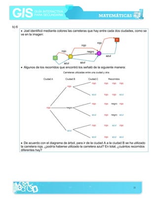 b) 6
• Joel identificó mediante colores las carreteras que hay entre cada dos ciudades, como se
ve en la imagen:

• Algunos de los recorridos que encontró los señaló de la siguiente manera:

• De acuerdo con el diagrama de árbol, para ir de la ciudad A a la ciudad B se ha utilizado
la carretera roja, ¿podría haberse utilizado la carretera azul? En total, ¿cuántos recorridos
diferentes hay?

22

 