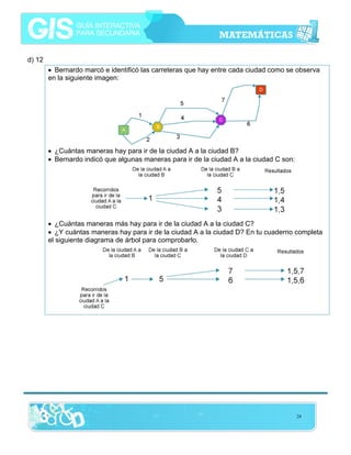 d) 12
• Bernardo marcó e identificó las carreteras que hay entre cada ciudad como se observa
en la siguiente imagen:

• ¿Cuántas maneras hay para ir de la ciudad A a la ciudad B?
• Bernardo indicó que algunas maneras para ir de la ciudad A a la ciudad C son:

• ¿Cuántas maneras más hay para ir de la ciudad A a la ciudad C?
• ¿Y cuántas maneras hay para ir de la ciudad A a la ciudad D? En tu cuaderno completa
el siguiente diagrama de árbol para comprobarlo.

24

 