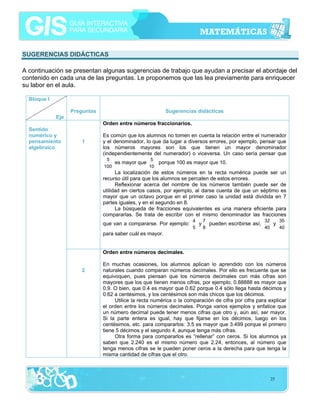 SUGERENCIAS DIDÁCTICAS
A continuación se presentan algunas sugerencias de trabajo que ayudan a precisar el abordaje del
contenido en cada una de las preguntas. Le proponemos que las lea previamente para enriquecer
su labor en el aula.
Bloque I
Preguntas

Sugerencias didácticas

Eje
Orden entre números fraccionarios.
Sentido
numérico y
pensamiento
algebraico

1

Es común que los alumnos no tomen en cuenta la relación entre el numerador
y el denominador, lo que da lugar a diversos errores, por ejemplo, pensar que
los números mayores son los que tienen un mayor denominador
(independientemente del numerador) o viceversa. Un caso sería pensar que
5
5
es mayor que
porque 100 es mayor que 10.
100
10

La localización de estos números en la recta numérica puede ser un
recurso útil para que los alumnos se percaten de estos errores.
Reflexionar acerca del nombre de los números también puede ser de
utilidad en ciertos casos, por ejemplo, al darse cuenta de que un séptimo es
mayor que un octavo porque en el primer caso la unidad está dividida en 7
partes iguales, y en el segundo en 8.
La búsqueda de fracciones equivalentes es una manera eficiente para
compararlas. Se trata de escribir con el mismo denominador las fracciones
que van a compararse. Por ejemplo:

4
7
32
35
y pueden escribirse así,
y
5
8
40
40

para saber cuál es mayor.
Orden entre números decimales.
2

En muchas ocasiones, los alumnos aplican lo aprendido con los números
naturales cuando comparan números decimales. Por ello es frecuente que se
equivoquen, pues piensan que los números decimales con más cifras son
mayores que los que tienen menos cifras, por ejemplo, 0.88888 es mayor que
0.9. O bien, que 0.4 es mayor que 0.62 porque 0.4 sólo llega hasta décimos y
0.62 a centésimos, y los centésimos son más chicos que los décimos.
Utilice la recta numérica o la comparación de cifra por cifra para explicar
el orden entre los números decimales. Ponga varios ejemplos y enfatice que
un número decimal puede tener menos cifras que otro y, aún así, ser mayor.
Si la parte entera es igual, hay que fijarse en los décimos, luego en los
centésimos, etc. para compararlos: 3.5 es mayor que 3.499 porque el primero
tiene 5 décimos y el segundo 4, aunque tenga más cifras.
Otra forma para compararlos es “rellenar” con ceros. Si los alumnos ya
saben que 2.240 es el mismo número que 2.24, entonces, al número que
tenga menos cifras se le pueden poner ceros a la derecha para que tenga la
misma cantidad de cifras que el otro.

25

 