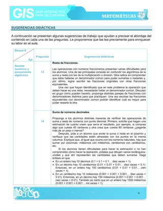SUGERENCIAS DIDÁCTICAS
A continuación se presentan algunas sugerencias de trabajo que ayudan a precisar el abordaje del
contenido en cada una de las preguntas. Le proponemos que las lea previamente para enriquecer
su labor en el aula.
Bloque II
Preguntas

Sugerencias didácticas

Eje
Resta de fracciones.
Sentido
numérico y
pensamiento
algebraico

13

Las operaciones con números fraccionarios presentan varias dificultades para
los alumnos. Una de las principales consiste en confundir los algoritmos de la
suma y resta con los de la multiplicación o división. Otra radica en comprender
que debe hallarse un denominador común para poder sumarlas o restarlas y,
por último, lograr escribir las fracciones originales con otras fracciones
equivalentes.
Una vez que hayan identificado que en este problema la operación que
deben hacer es una resta, necesitarán hallar un denominador común. Discutan
en grupo cómo pueden hacerlo, proponga distintas parejas de fracciones con
denominadores distintos para que practiquen. Una vez escritas las fracciones
equivalentes con denominador común podrán identificar cuál es mayor para
poder restarle la otra.
Suma de números decimales.

14

Proponga a los alumnos distintas maneras de verificar las operaciones de
suma y resta de números con punto decimal. Primero, solicite que hagan una
estimación de cuánto creen que sería el resultado, por ejemplo, si compras
algo que cuesta 45 centavos y otra cosa que cuesta 80 centavos ¿pagarás
más de un peso o menos?
Después, pida a un alumno que anote la suma o resta en el pizarrón y
verifique que las cantidades estén alineadas con los puntos en la misma
columna. Explique que, al igual que ocurre con los números naturales, hay que
sumar por columnas: milésimos con milésimos, centésimos con centésimos,
etc.
Si los alumnos tienen dificultades para hacer la estimación o no han
comprendido cómo hacer la operación, pídales que dibujen varios rectángulosunidad y que ahí representen las cantidades que deben sumarse. Haga
énfasis en que:
• En un entero hay 10 décimos (0.1 + 0.1 + 0.1… diez veces = 1).
• En un décimo hay 10 centésimos (0.01 + 0.01 + 0.01… diez veces = 0.1).
Entonces, en un entero hay 100 centésimos (0.01 + 0.01 + 0.01… cien
veces = 1).
• En un centésimo hay 10 milésimos (0.001 + 0.001 + 0.001… diez veces =
0.01). Entonces, en un décimo hay 100 milésimos (0.001 + 0.001 + 0.001…
cien veces = 0.01). También es cierto que en un entero hay 1000 milésimos
(0.001 + 0.001 + 0.001… mil veces = 1).

43

 