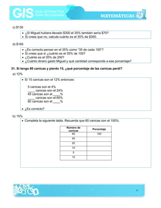 c) $130
• ¿Si Miguel hubiera llevado $300 el 35% también sería $70?
• Si crees que no, calcula cuánto es el 35% de $300.
d) $165
•
•
•
•

¿Es correcto pensar en el 35% como “35 de cada 100”?
Si crees que sí ¿cuánto es el 35% de 100?
¿Cuánto es el 35% de 200?
¿Cuánto dinero gastó Miguel y qué cantidad corresponde a ese porcentaje?

31. Si tengo 80 canicas y pierdo 15, ¿qué porcentaje de las canicas perdí?
a) 12%
• Si 15 canicas son el 12% entonces:
5 canicas son el 4%
____ canicas son el 24%
45 canicas son el ____%
____ canicas son el 60%
80 canicas son el ____%
• ¿Es correcto?
b) 15%
• Completa la siguiente tabla. Recuerda que 80 canicas son el 100%.
Número de
canicas
80

Porcentaje
100

40
20
10
5
15

61

 