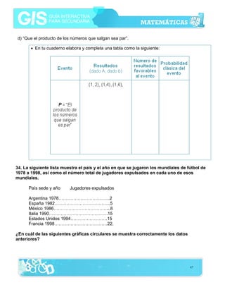 d) “Que el producto de los números que salgan sea par”.
• En tu cuaderno elabora y completa una tabla como la siguiente:

34. La siguiente lista muestra el país y el año en que se jugaron los mundiales de fútbol de
1978 a 1998, así como el número total de jugadores expulsados en cada uno de esos
mundiales.
País sede y año

Jugadores expulsados

Argentina 1978……………………………..2
España 1982………………………………..5
México 1986………………………………...8
Italia 1990………………………………….15
Estados Unidos 1994…………………….15
Francia 1998………………………………22.
¿En cuál de las siguientes gráficas circulares se muestra correctamente los datos
anteriores?

67

 