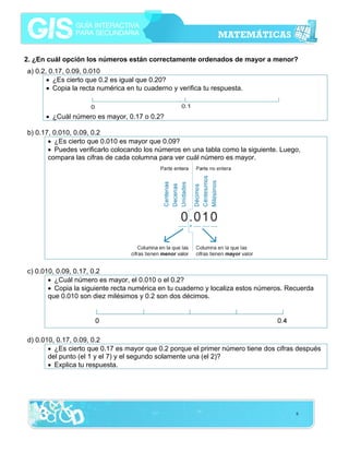 2. ¿En cuál opción los números están correctamente ordenados de mayor a menor?
a) 0.2, 0.17, 0.09, 0.010
• ¿Es cierto que 0.2 es igual que 0.20?
• Copia la recta numérica en tu cuaderno y verifica tu respuesta.

• ¿Cuál número es mayor, 0.17 o 0.2?
b) 0.17, 0.010, 0.09, 0.2
• ¿Es cierto que 0.010 es mayor que 0.09?
• Puedes verificarlo colocando los números en una tabla como la siguiente. Luego,
compara las cifras de cada columna para ver cuál número es mayor.

c) 0.010, 0.09, 0.17, 0.2
• ¿Cuál número es mayor, el 0.010 o el 0.2?
• Copia la siguiente recta numérica en tu cuaderno y localiza estos números. Recuerda
que 0.010 son diez milésimos y 0.2 son dos décimos.

d) 0.010, 0.17, 0.09, 0.2
• ¿Es cierto que 0.17 es mayor que 0.2 porque el primer número tiene dos cifras después
del punto (el 1 y el 7) y el segundo solamente una (el 2)?
• Explica tu respuesta.

6

 