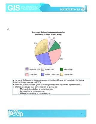 d)

• La suma de los porcentajes que aparecen en la gráfica de los mundiales de Italia y
Estados Unidos es mayor al 50%.
• Entre los dos mundiales, ¿qué porcentaje del total de jugadores representan?
• El área que ocupa este porcentaje en la gráfica es:
• Menos de la mitad de la circunferencia.
• La mitad de la circunferencia.
• Más de la mitad de la circunferencia.

71

 