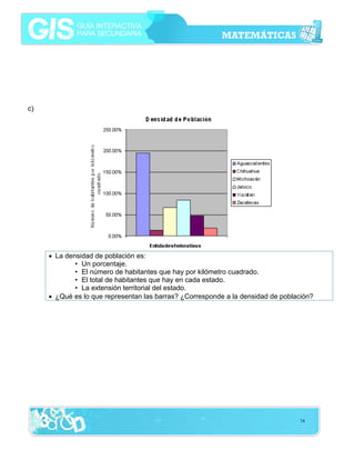 c)

• La densidad de población es:
• Un porcentaje.
• El número de habitantes que hay por kilómetro cuadrado.
• El total de habitantes que hay en cada estado.
• La extensión territorial del estado.
• ¿Qué es lo que representan las barras? ¿Corresponde a la densidad de población?

74

 