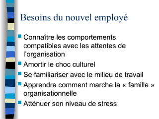 Besoins du nouvel employé
 Connaître les comportements
compatibles avec les attentes de
l’organisation
 Amortir le choc culturel
 Se familiariser avec le milieu de travail
 Apprendre comment marche la « famille »
organisationnelle
 Atténuer son niveau de stress
 