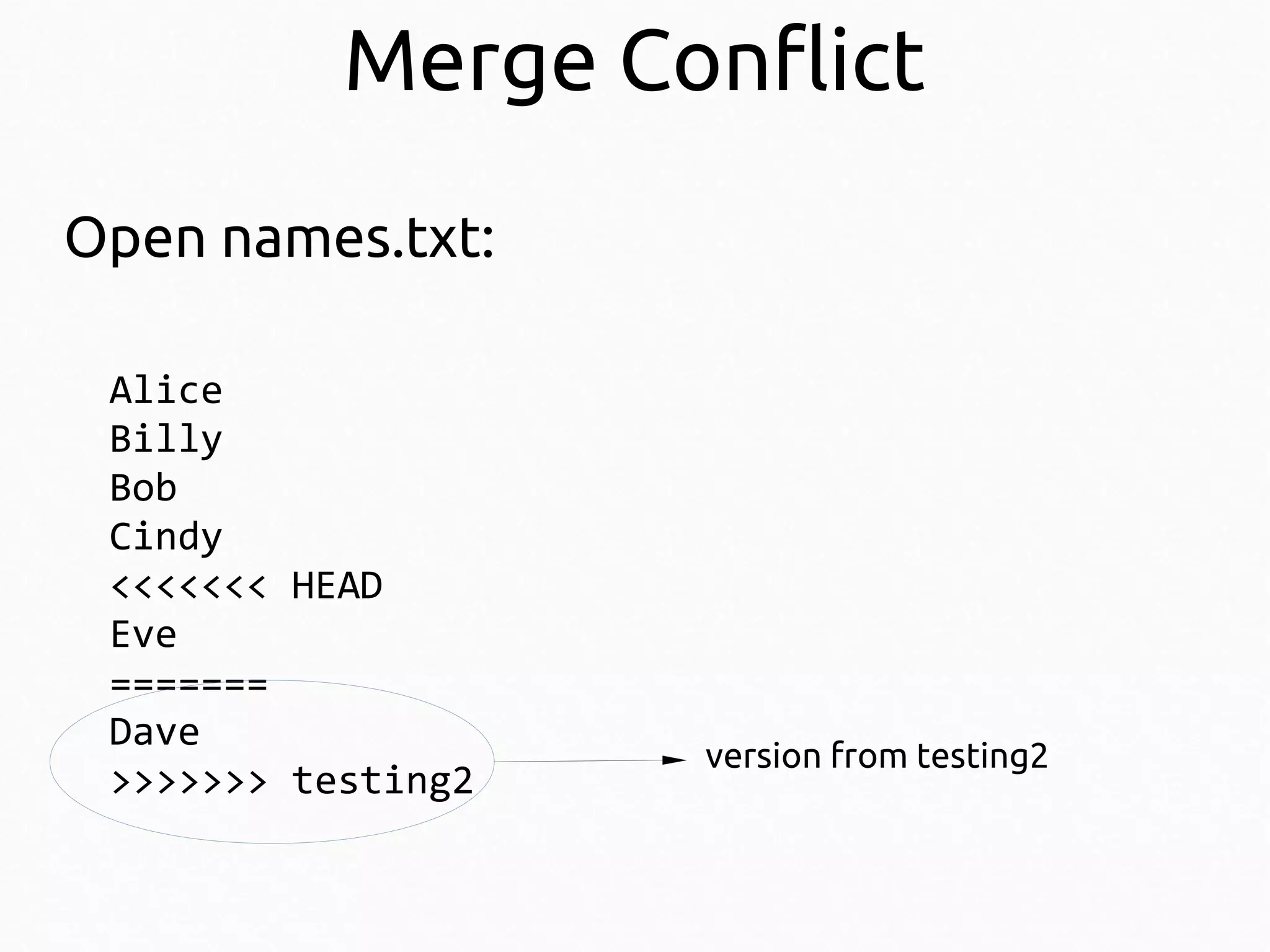 Merge Conflict
Open names.txt:
Alice
Billy
Bob
Cindy
<<<<<<< HEAD
Eve
=======
Dave
>>>>>>> testing2

version from testing2

 