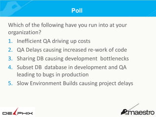 Poll
Which of the following have you run into at your
organization?
1. Inefficient QA driving up costs
2. QA Delays causing increased re-work of code
3. Sharing DB causing development bottlenecks
4. Subset DB database in development and QA
leading to bugs in production
5. Slow Environment Builds causing project delays

 