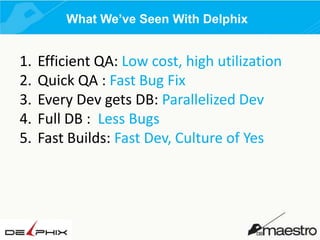 What We’ve Seen With Delphix

1.
2.
3.
4.
5.

Efficient QA: Low cost, high utilization
Quick QA : Fast Bug Fix
Every Dev gets DB: Parallelized Dev
Full DB : Less Bugs
Fast Builds: Fast Dev, Culture of Yes

 
