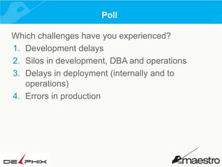 Poll
Which challenges have you experienced?
1. Development delays
2. Silos in development, DBA and operations
3. Delays in deployment (internally and to
operations)
4. Errors in production

 