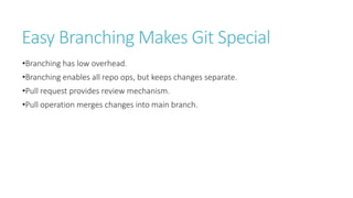 Easy Branching Makes Git Special
•Branching has low overhead.
•Branching enables all repo ops, but keeps changes separate.
•Pull request provides review mechanism.
•Pull operation merges changes into main branch.
 