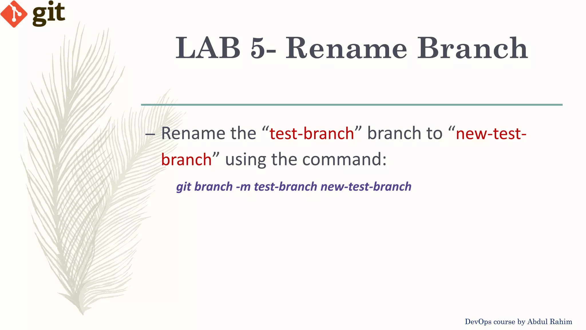 LAB 5- Rename Branch DevOps course by Abdul Rahim – Rename the “test-branch” branch to “new-test- branch” using the command: git branch -m test-branch new-test-branch 