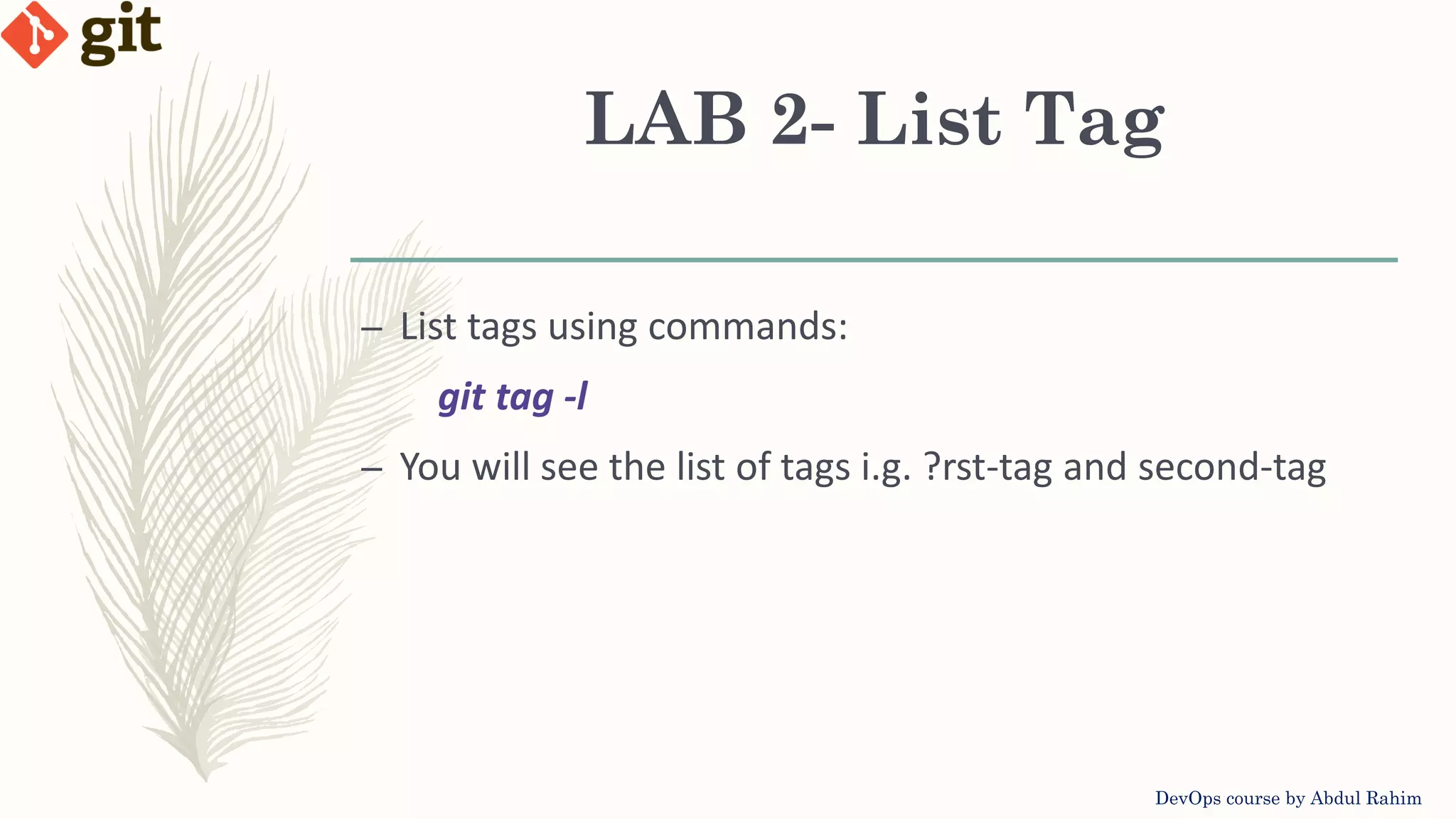 LAB 2- List Tag DevOps course by Abdul Rahim – List tags using commands: git tag -l – You will see the list of tags i.g. ?rst-tag and second-tag 