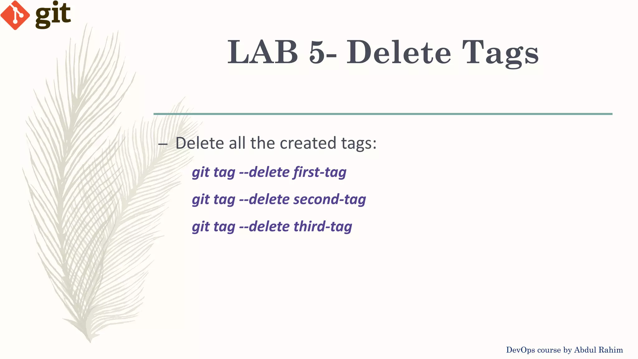 LAB 5- Delete Tags DevOps course by Abdul Rahim – Delete all the created tags: git tag --delete first-tag git tag --delete second-tag git tag --delete third-tag 