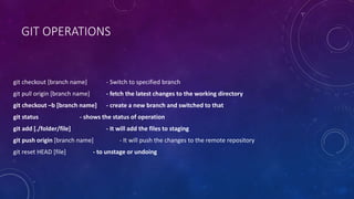 GIT OPERATIONS
git checkout [branch name] - Switch to specified branch
git pull origin [branch name] - fetch the latest changes to the working directory
git checkout –b [branch name] - create a new branch and switched to that
git status - shows the status of operation
git add [./folder/file] - It will add the files to staging
git push origin [branch name] - It will push the changes to the remote repository
git reset HEAD [file] - to unstage or undoing
 
