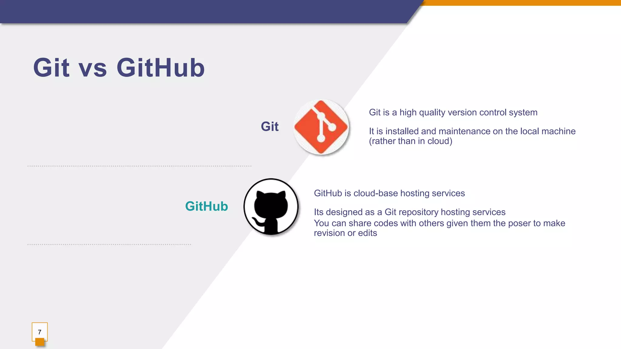 Git vs GitHub
Git is a high quality version control system
It is installed and maintenance on the local machine
(rather than in cloud)
Git
GitHub is cloud-base hosting services
Its designed as a Git repository hosting services
You can share codes with others given them the poser to make
revision or edits
GitHub
7
 