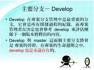 Ҫ֧ Develop
? Develop ڌ֧Ҫķ
  ֧_l^̵ļo䛣
  ڛQҲ develop uF
  һ汾ጳăݡ
? Develop c master @ɂҪ֧
   Ĺǎ֣ڌL֮У
  develop Ҳhڵġ
 